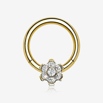 Implant Grade Titanium Golden Brilliant Flower Sparkle Clicker Hoop Ring-Clear Gem